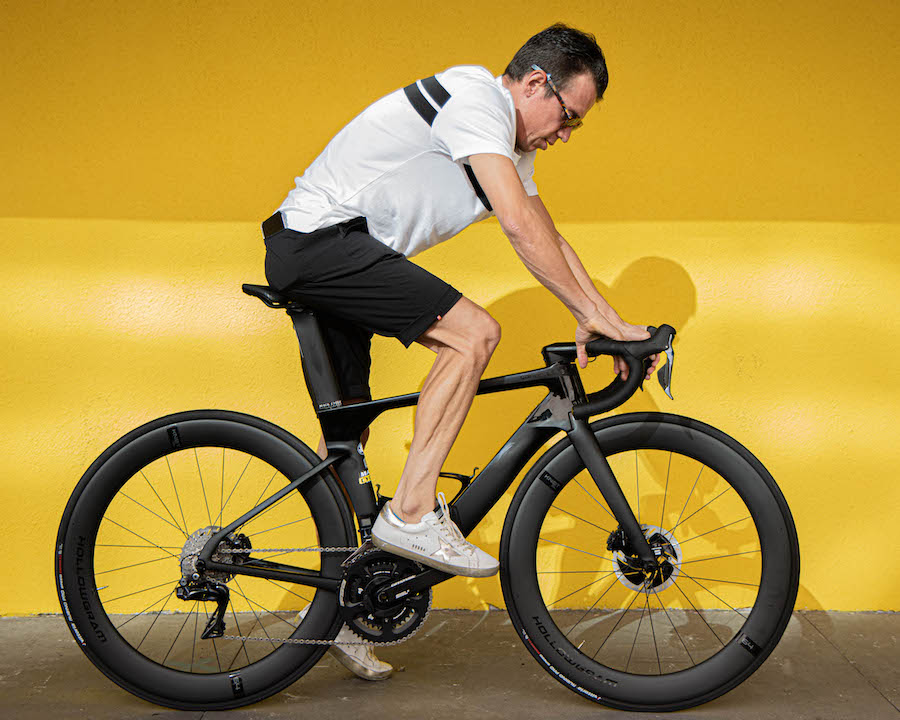 Rigo Rigoberto Uran on his new road bike at Mack Cycle & Fitness