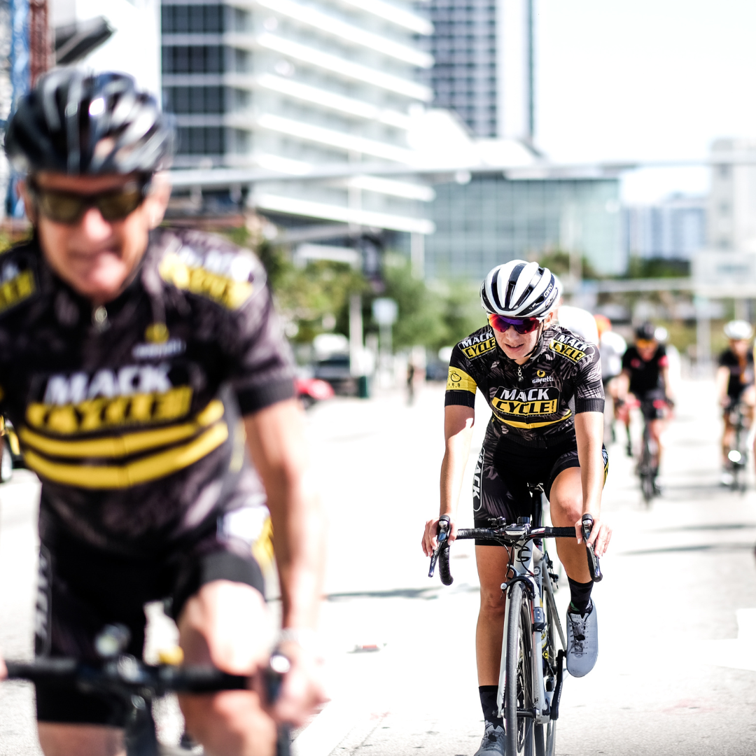 Double stacked rows of road bicycles inside of Mack Cycle in Miami 