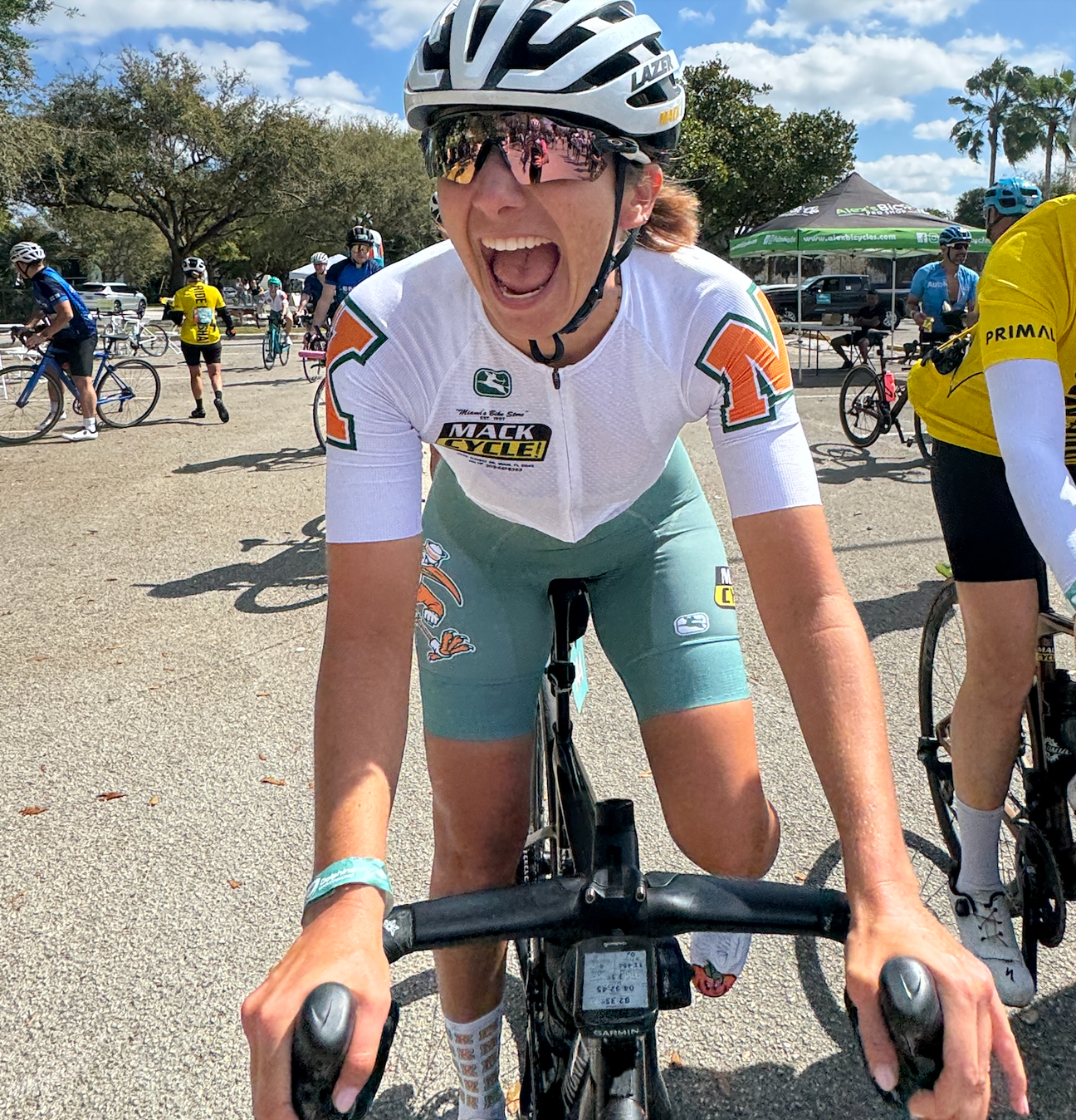 rachel losada at the Dolphin's Cancer Challenge wearing team hurricane's mack cycle sexy sage giordana cycling kit