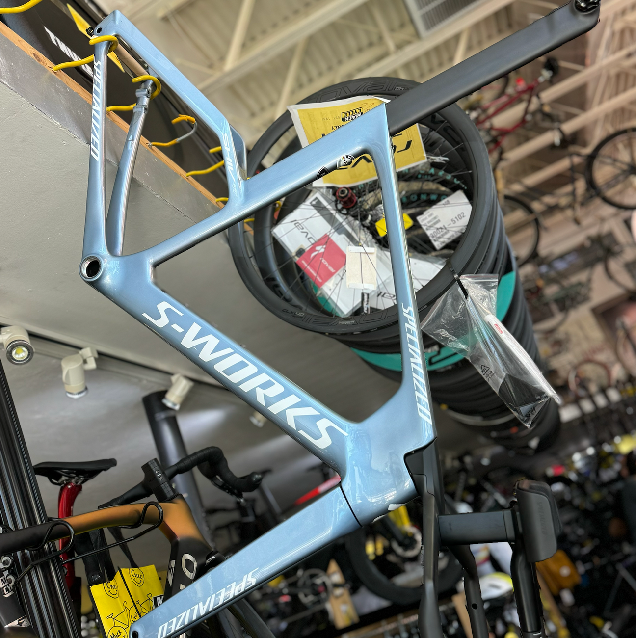 Specialized S-Works Shiv TT Module Triathlon Bike Frame in stock at mack cycle. The color is GlossGlacialMetallic/RtGPearlEdgeFade/MetallicWhiteSilver